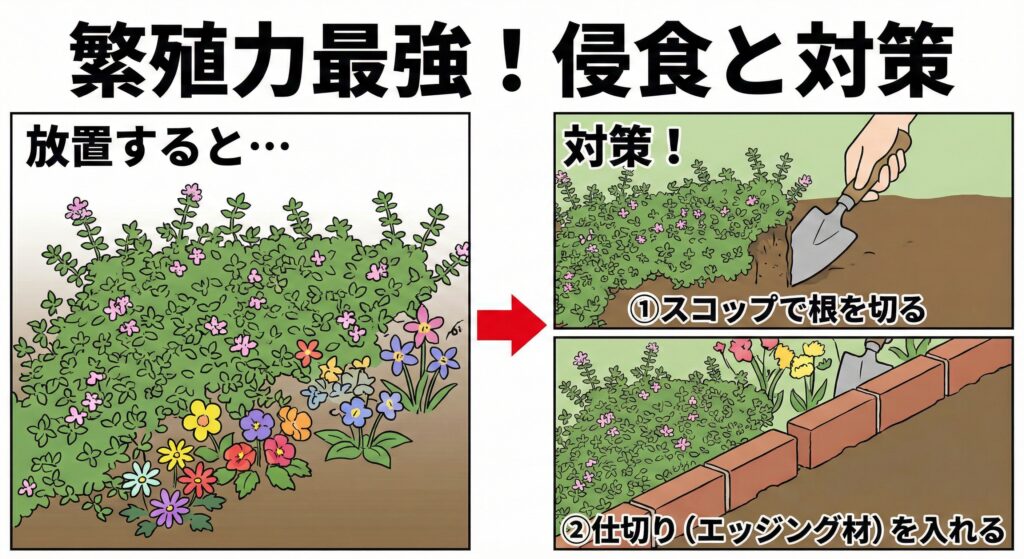 クリーピングタイムのデメリットは繁殖力が強く、庭にある他の植物を追い出す
