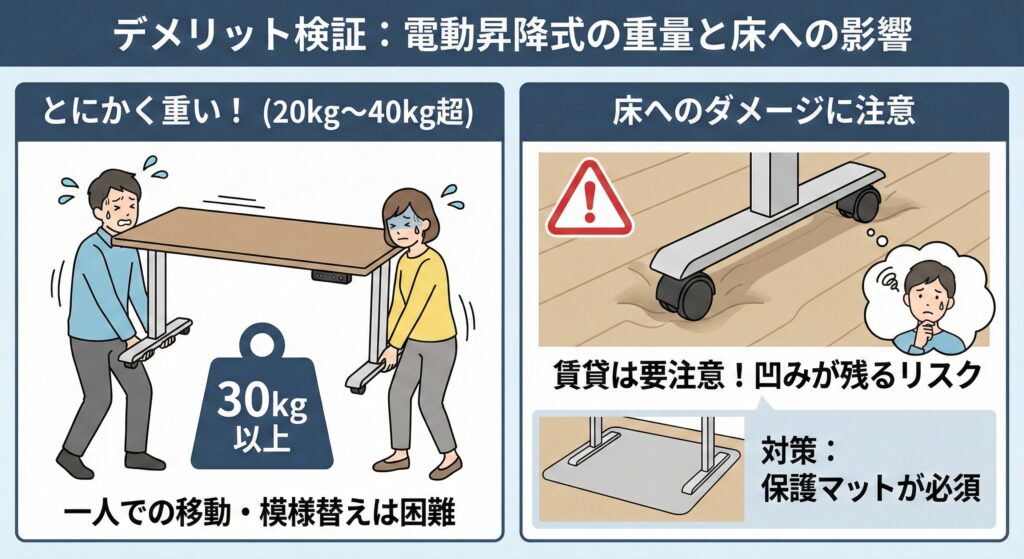 電動の昇降式デスクは重たいので移動させづらい