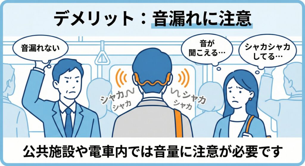 骨伝導イヤホンのデメリット:音漏れしやすく、公共施設や電車内には向かない
