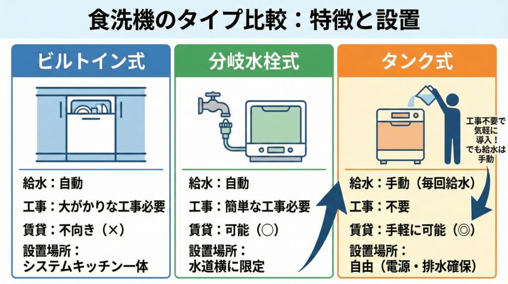 食洗機のビルトイン式、分岐水栓式、タンク式の3つのタイプを比較した図解
