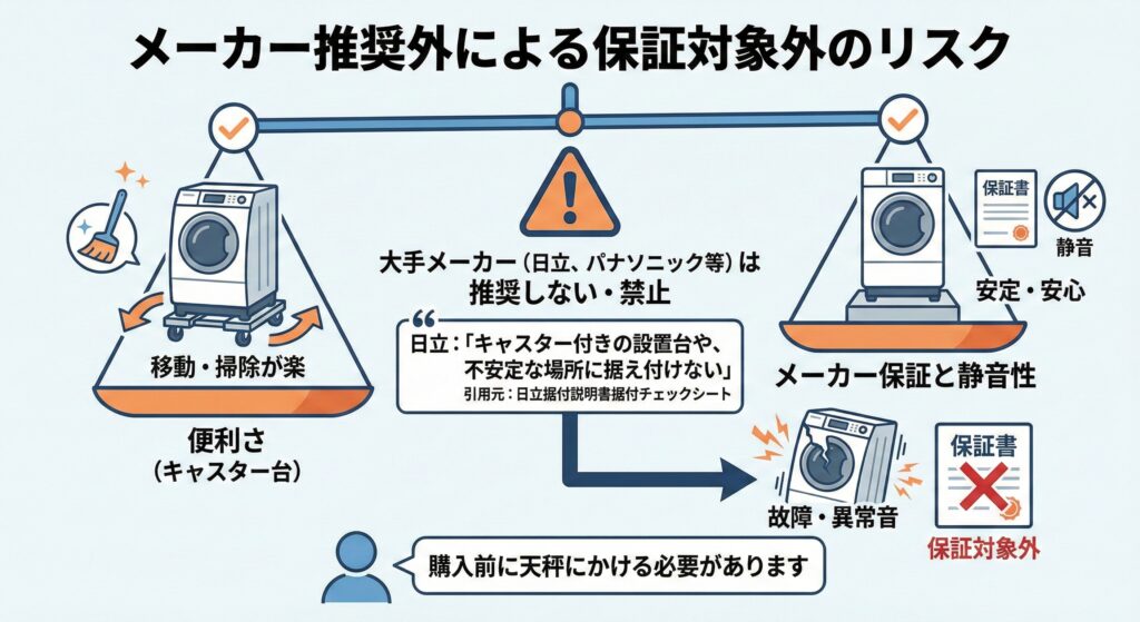 洗濯機台キャスターのデメリット:メーカー推奨外による保証対象外のリスクがある
