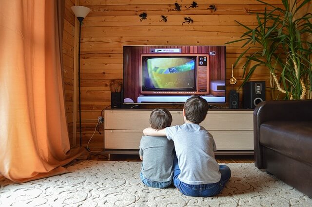 子供二人がレトロなテレビを見ている